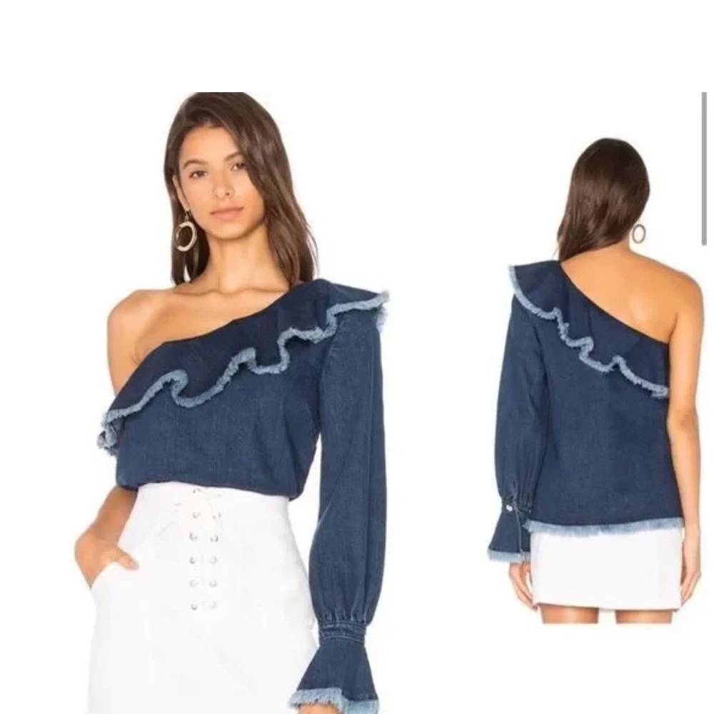 TANYA TAYLOR Denim Orla One-Shoulder Ruffle Fringe Top in Indigo